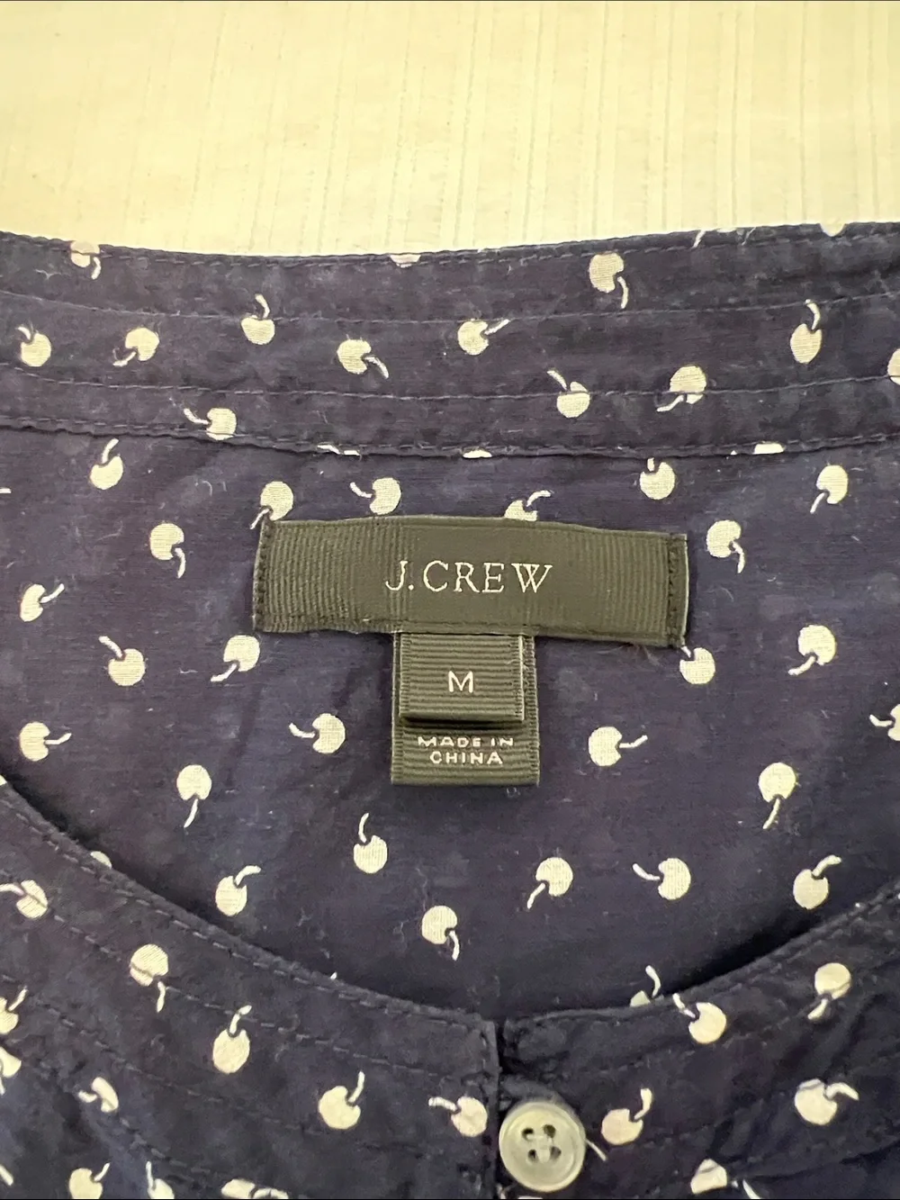 J. Crew Navy Blue Ruffle Front Blouse with White Cherry Print- slightly sheer - Picture 2 of 8